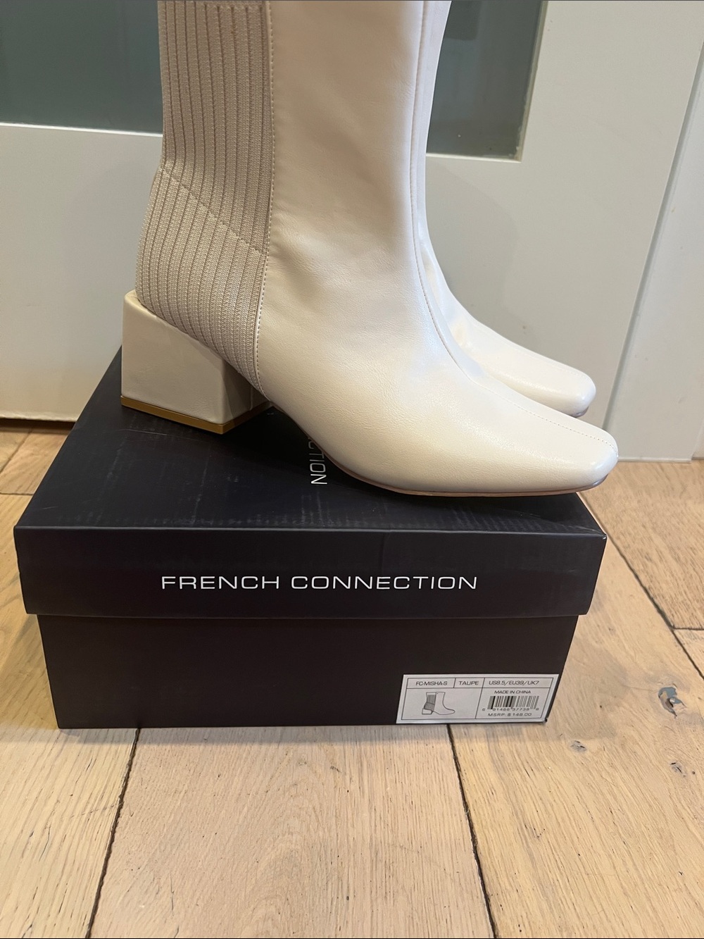 French Connection Cream Block Heel Ankle Boots with Gold Trim